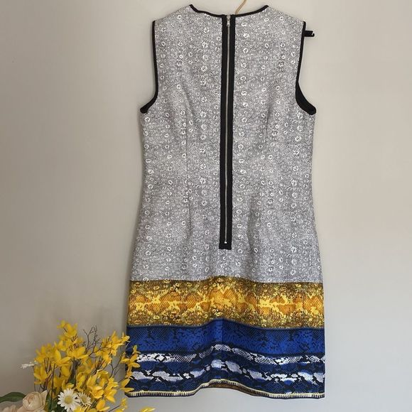 🔴 NWT Kenneth Cole Black White Blue Multi Print Shift Cocktail Dress - Picture 11 of 14